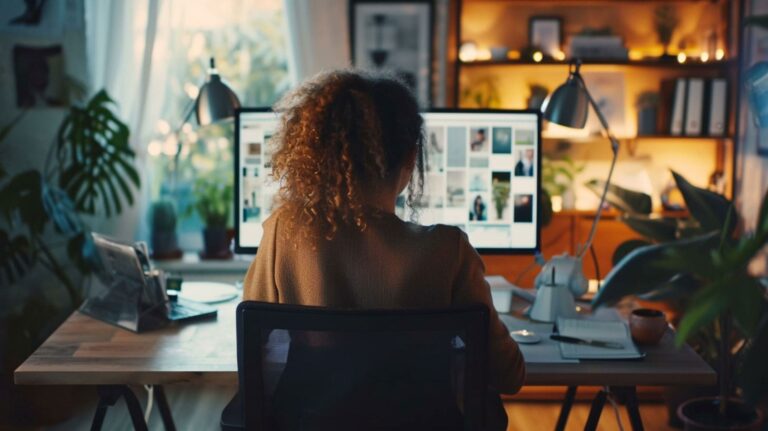 A woman with curly hair shopping online, attracted by the site's web design, sitting at a desk in a cozy, plant-filled room, with dual monitors displaying website layouts.
