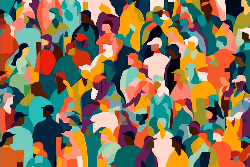 Abstract representation of a diverse and vibrant community, with colorful silhouettes symbolizing an inclusive membership website audience.