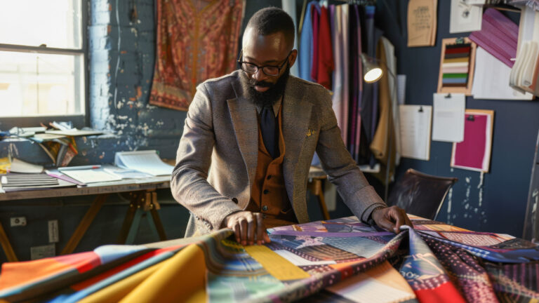Fashion designer in a tailored suit selects fabric swatches on a studio worktable, symbolizing the bespoke care in Website Design & Development for Small Businesses and Startups.