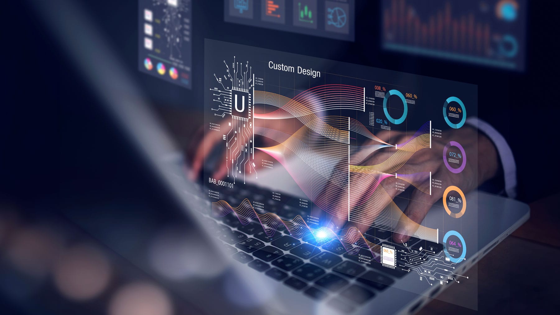A holographic projection of Custom Website Solutions analytics and design elements floating above a laptop keyboard, depicting advanced web technology and data visualization in action.