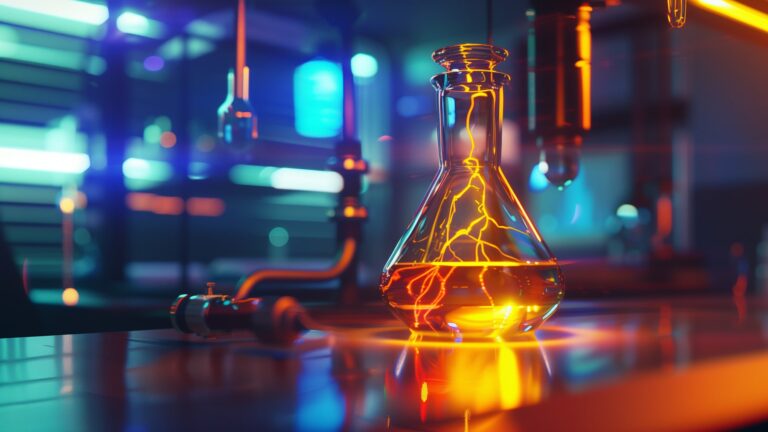 Alchemy lab with a glowing flask representing the transformative power of SEO tips for small businesses.