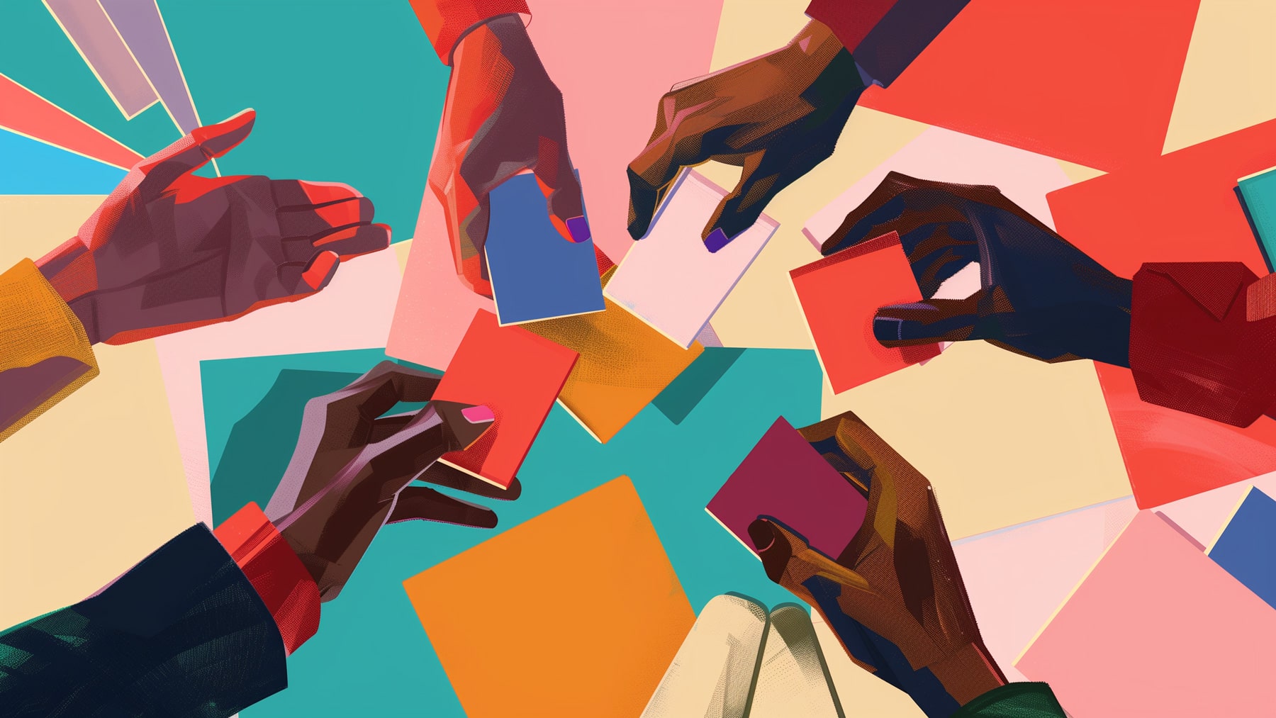 Abstract illustration of hands exchanging colorful business cards, highlighting the importance of business cards in professional networking.