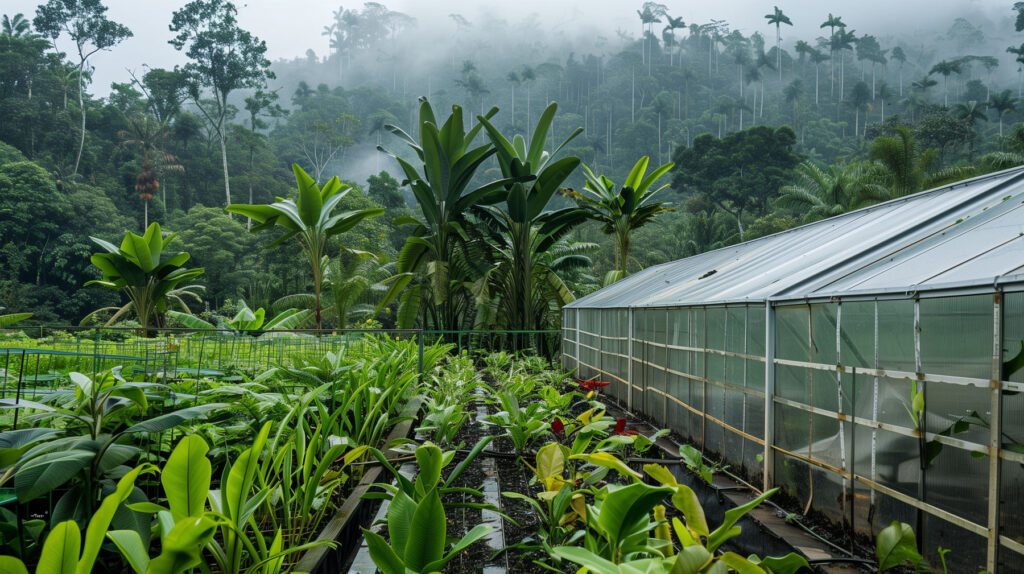 Greenhouse with lush tropical plants and a misty rainforest backdrop, illustrating the growth and renewal benefits of regular content updates for maintaining a vibrant and engaging website.